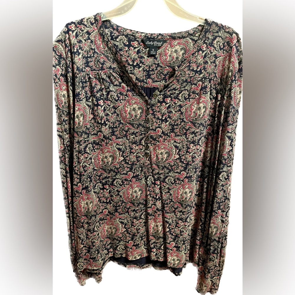 Lucky Brand 🍀 Paisley Floral 1/4 Button Down Long Sleeve Peasant Boho Hippie SM